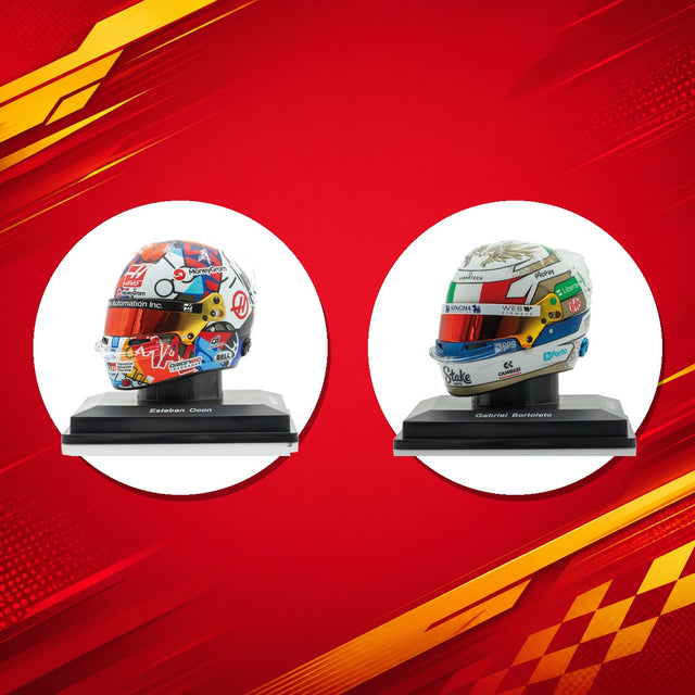 Esteban Ocon and Gabriel Bortoleto F1 mini helmet duo