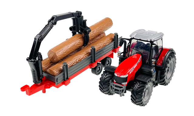 Bburago Massey Fergusson 8740S Tractor With Log Trailer (10cm) 1/50 Scale Model